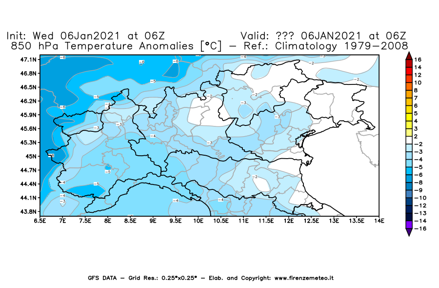 Mappa di analisi GFS - Anomalia Temperatura [°C] a 850 hPa in Nord-Italia
									del 06/01/2021 06 <!--googleoff: index-->UTC<!--googleon: index-->