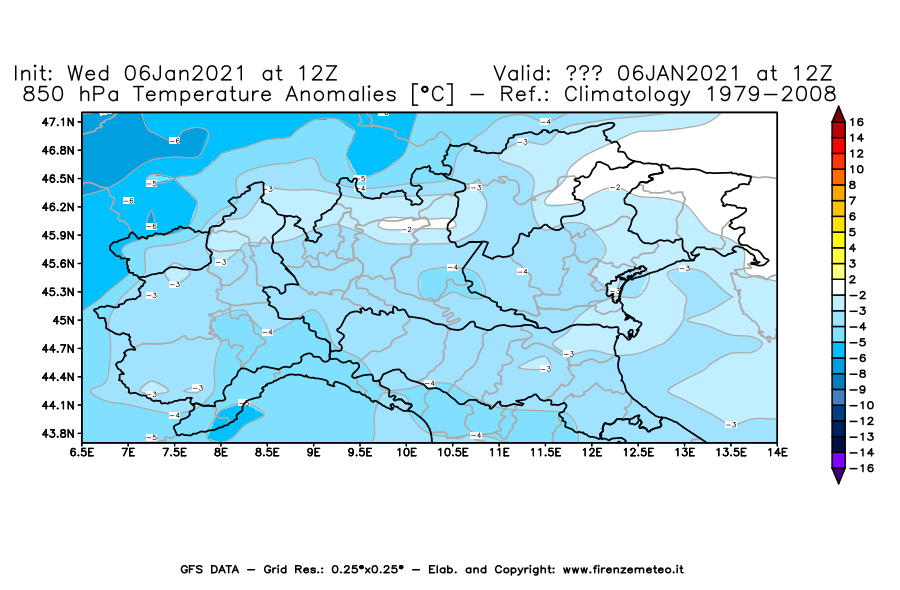 Mappa di analisi GFS - Anomalia Temperatura [°C] a 850 hPa in Nord-Italia
									del 06/01/2021 12 <!--googleoff: index-->UTC<!--googleon: index-->