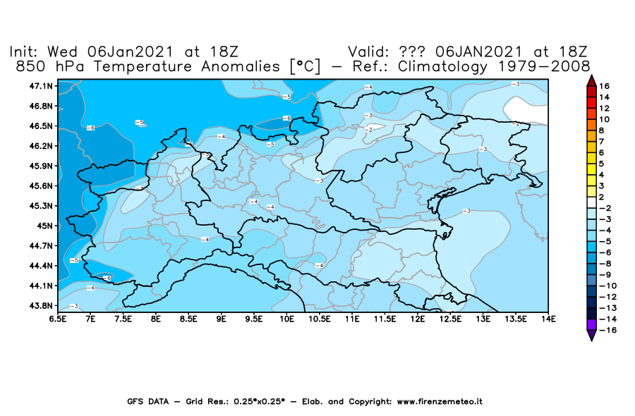 Mappa di analisi GFS - Anomalia Temperatura [°C] a 850 hPa in Nord-Italia
							del 06/01/2021 18 <!--googleoff: index-->UTC<!--googleon: index-->