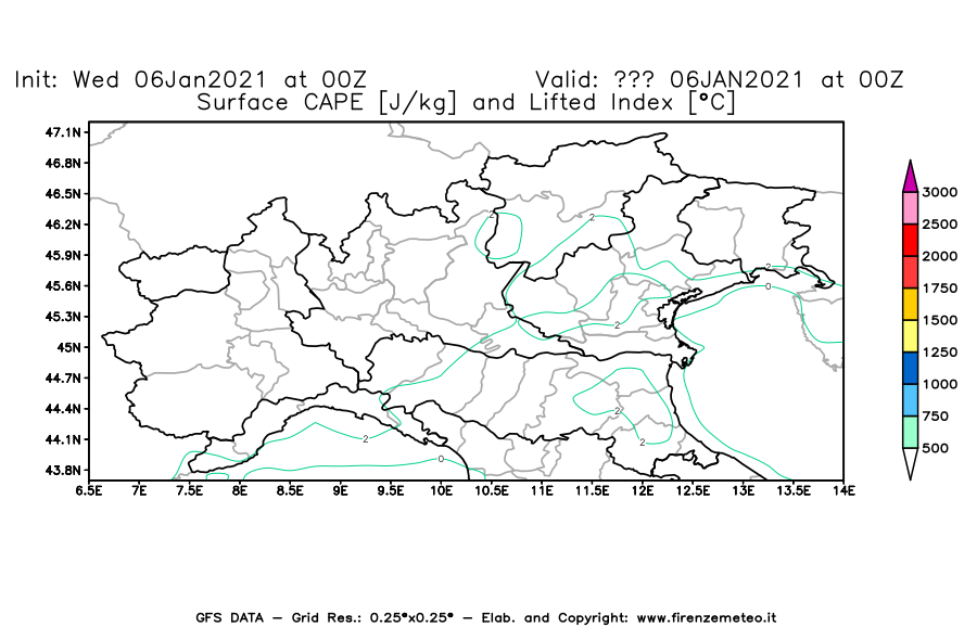 Mappa di analisi GFS - CAPE [J/kg] e Lifted Index [°C] in Nord-Italia
									del 06/01/2021 00 <!--googleoff: index-->UTC<!--googleon: index-->