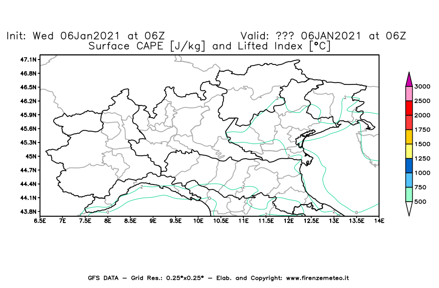 Mappa di analisi GFS - CAPE [J/kg] e Lifted Index [°C] in Nord-Italia
									del 06/01/2021 06 <!--googleoff: index-->UTC<!--googleon: index-->