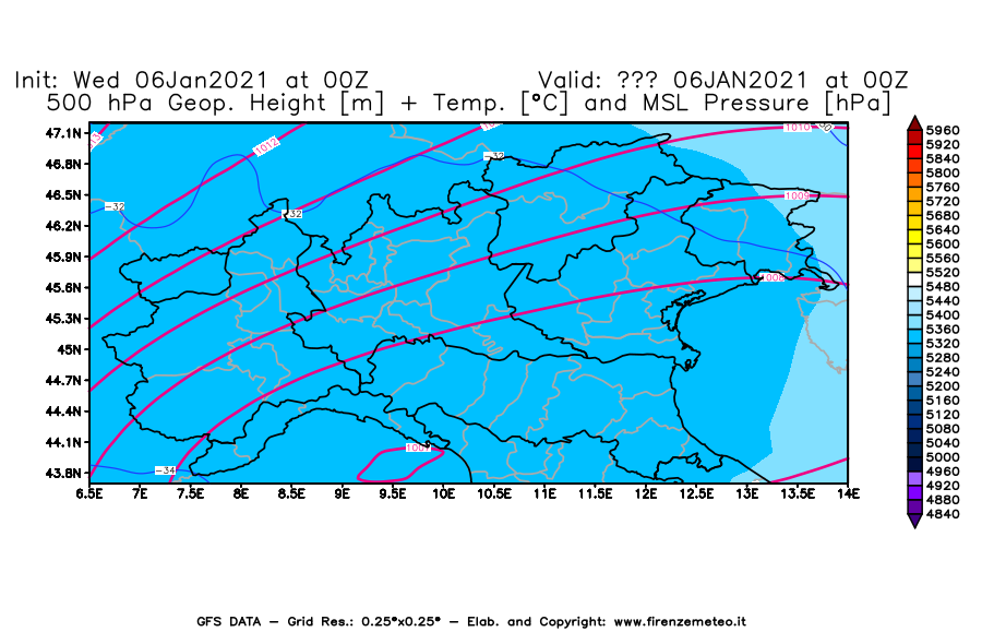 Mappa di analisi GFS - Geopotenziale [m] + Temp. [°C] a 500 hPa + Press. a livello del mare [hPa] in Nord-Italia
							del 06/01/2021 00 <!--googleoff: index-->UTC<!--googleon: index-->