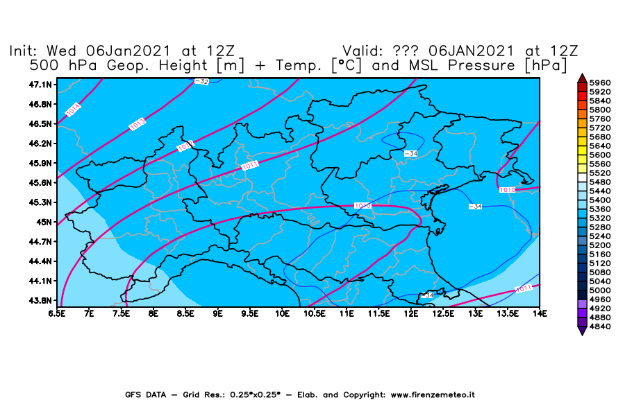 Mappa di analisi GFS - Geopotenziale [m] + Temp. [°C] a 500 hPa + Press. a livello del mare [hPa] in Nord-Italia
							del 06/01/2021 12 <!--googleoff: index-->UTC<!--googleon: index-->