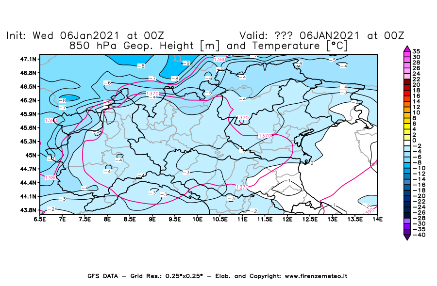 Mappa di analisi GFS - Geopotenziale [m] e Temperatura [°C] a 850 hPa in Nord-Italia
							del 06/01/2021 00 <!--googleoff: index-->UTC<!--googleon: index-->