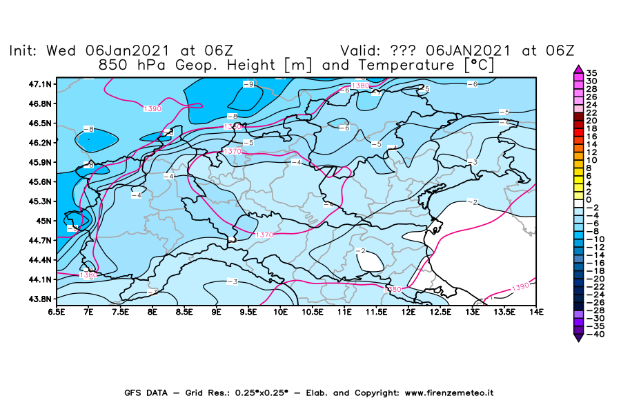 Mappa di analisi GFS - Geopotenziale [m] e Temperatura [°C] a 850 hPa in Nord-Italia
							del 06/01/2021 06 <!--googleoff: index-->UTC<!--googleon: index-->