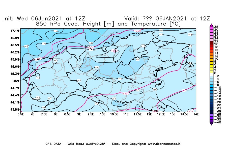 Mappa di analisi GFS - Geopotenziale [m] e Temperatura [°C] a 850 hPa in Nord-Italia
							del 06/01/2021 12 <!--googleoff: index-->UTC<!--googleon: index-->