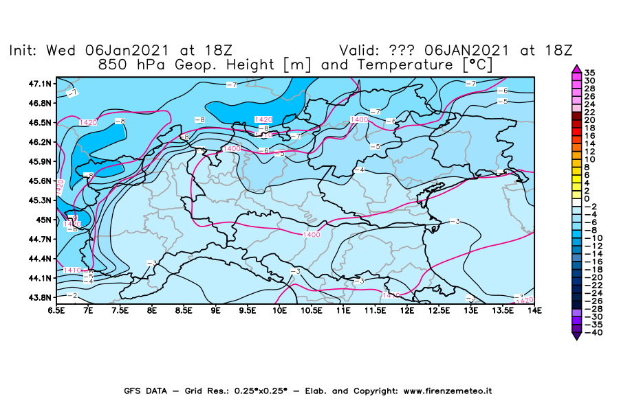 Mappa di analisi GFS - Geopotenziale [m] e Temperatura [°C] a 850 hPa in Nord-Italia
							del 06/01/2021 18 <!--googleoff: index-->UTC<!--googleon: index-->