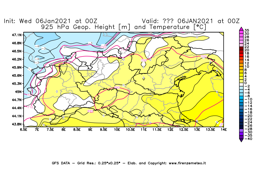 Mappa di analisi GFS - Geopotenziale [m] e Temperatura [°C] a 925 hPa in Nord-Italia
							del 06/01/2021 00 <!--googleoff: index-->UTC<!--googleon: index-->