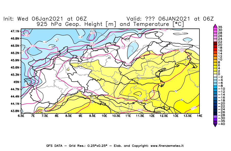 Mappa di analisi GFS - Geopotenziale [m] e Temperatura [°C] a 925 hPa in Nord-Italia
							del 06/01/2021 06 <!--googleoff: index-->UTC<!--googleon: index-->