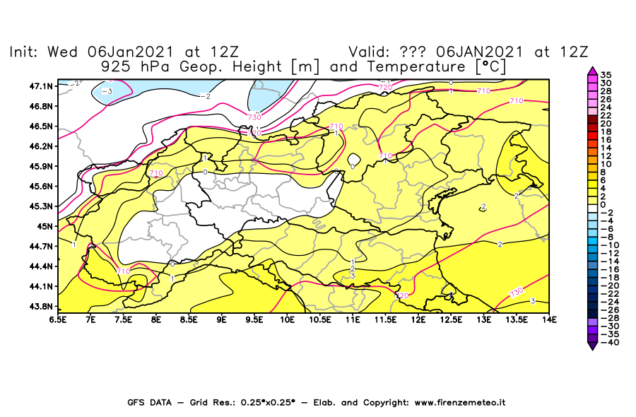 Mappa di analisi GFS - Geopotenziale [m] e Temperatura [°C] a 925 hPa in Nord-Italia
							del 06/01/2021 12 <!--googleoff: index-->UTC<!--googleon: index-->