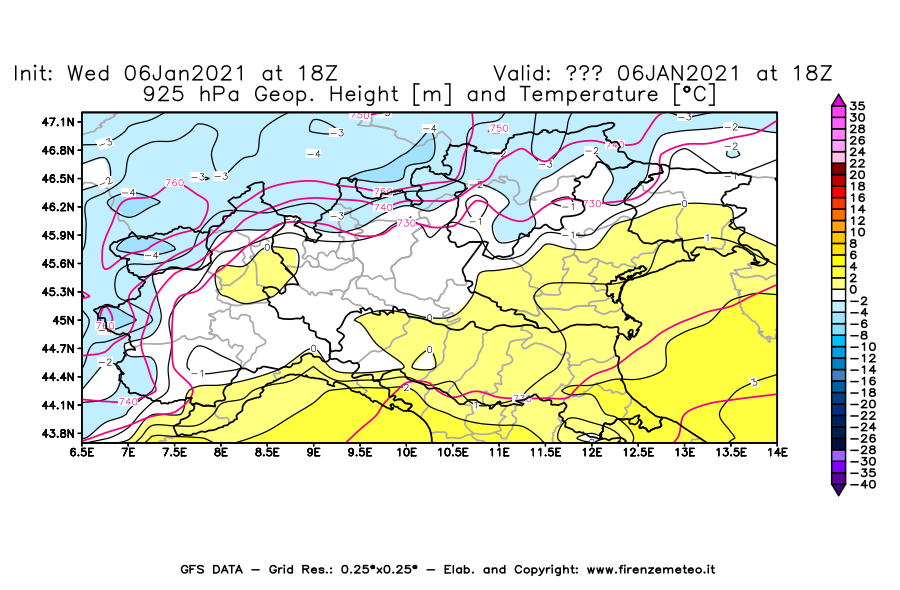 Mappa di analisi GFS - Geopotenziale [m] e Temperatura [°C] a 925 hPa in Nord-Italia
									del 06/01/2021 18 <!--googleoff: index-->UTC<!--googleon: index-->
