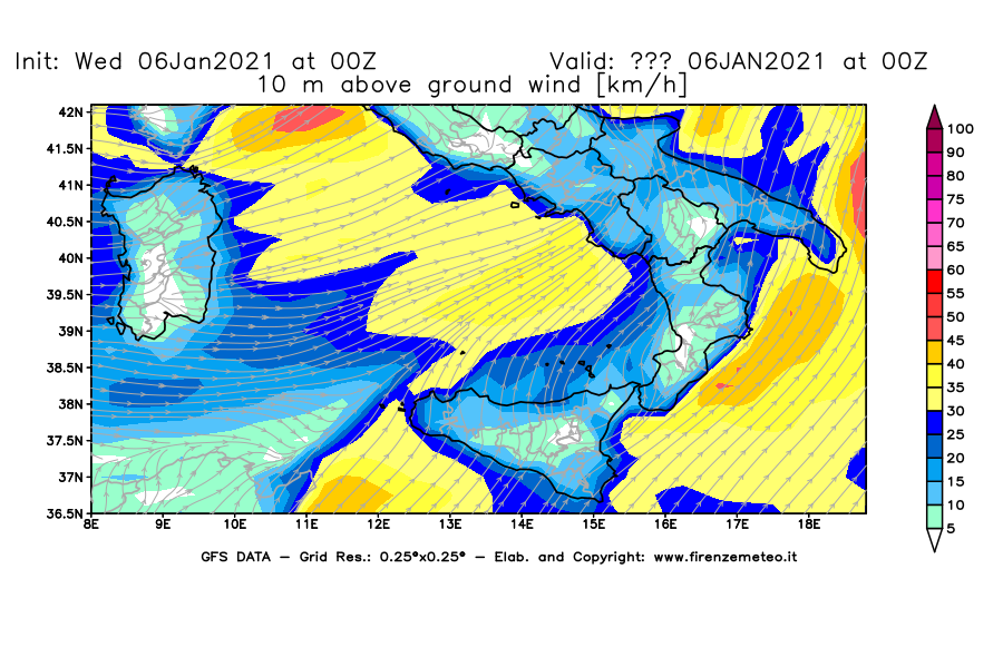 Mappa di analisi GFS - Velocità del vento a 10 metri dal suolo [km/h] in Sud-Italia
							del 06/01/2021 00 <!--googleoff: index-->UTC<!--googleon: index-->