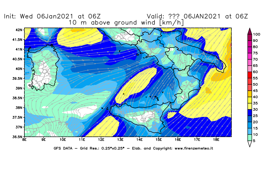 Mappa di analisi GFS - Velocità del vento a 10 metri dal suolo [km/h] in Sud-Italia
							del 06/01/2021 06 <!--googleoff: index-->UTC<!--googleon: index-->