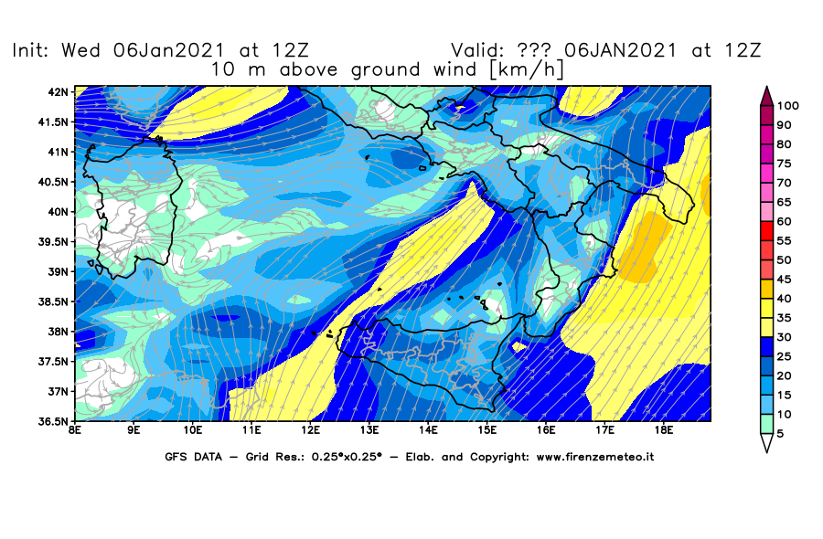 Mappa di analisi GFS - Velocità del vento a 10 metri dal suolo [km/h] in Sud-Italia
									del 06/01/2021 12 <!--googleoff: index-->UTC<!--googleon: index-->