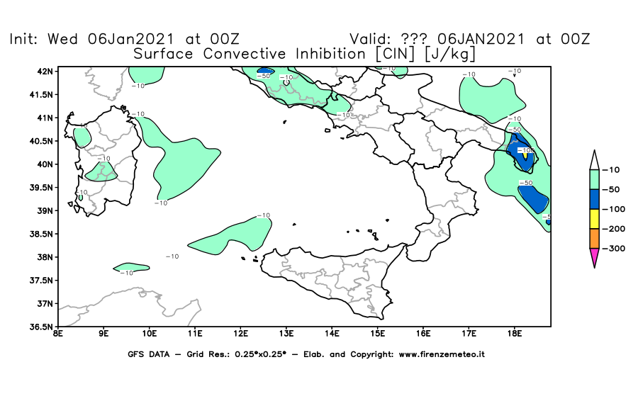 Mappa di analisi GFS - CIN [J/kg] in Sud-Italia
									del 06/01/2021 00 <!--googleoff: index-->UTC<!--googleon: index-->