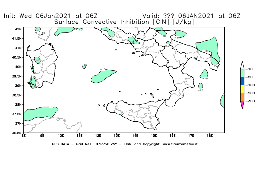 Mappa di analisi GFS - CIN [J/kg] in Sud-Italia
							del 06/01/2021 06 <!--googleoff: index-->UTC<!--googleon: index-->
