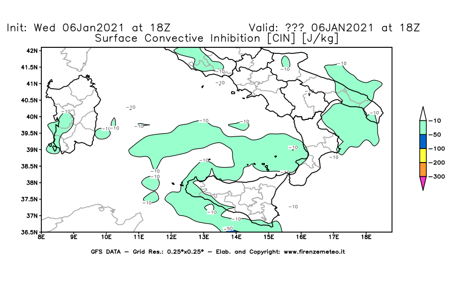 Mappa di analisi GFS - CIN [J/kg] in Sud-Italia
									del 06/01/2021 18 <!--googleoff: index-->UTC<!--googleon: index-->