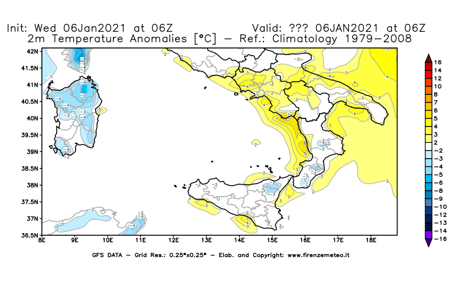Mappa di analisi GFS - Anomalia Temperatura [°C] a 2 m in Sud-Italia
							del 06/01/2021 06 <!--googleoff: index-->UTC<!--googleon: index-->