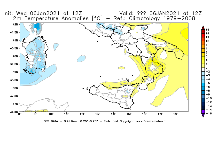 Mappa di analisi GFS - Anomalia Temperatura [°C] a 2 m in Sud-Italia
							del 06/01/2021 12 <!--googleoff: index-->UTC<!--googleon: index-->