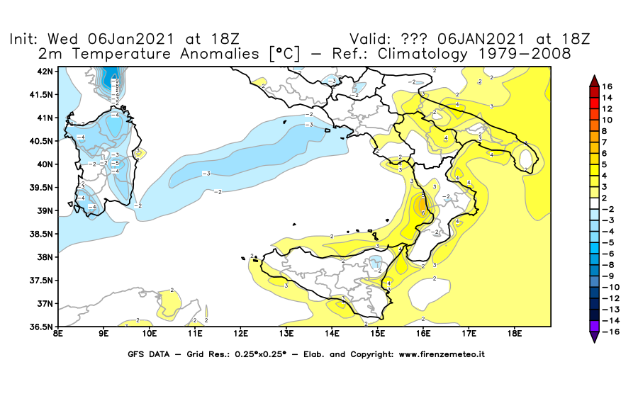 Mappa di analisi GFS - Anomalia Temperatura [°C] a 2 m in Sud-Italia
							del 06/01/2021 18 <!--googleoff: index-->UTC<!--googleon: index-->