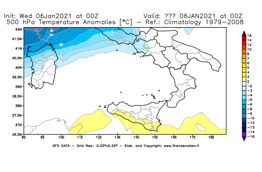 Mappa di analisi GFS - Anomalia Temperatura [°C] a 500 hPa in Sud-Italia
							del 06/01/2021 00 <!--googleoff: index-->UTC<!--googleon: index-->