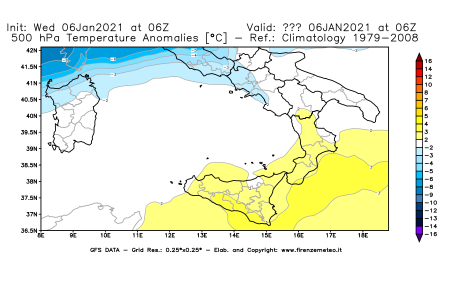 Mappa di analisi GFS - Anomalia Temperatura [°C] a 500 hPa in Sud-Italia
							del 06/01/2021 06 <!--googleoff: index-->UTC<!--googleon: index-->