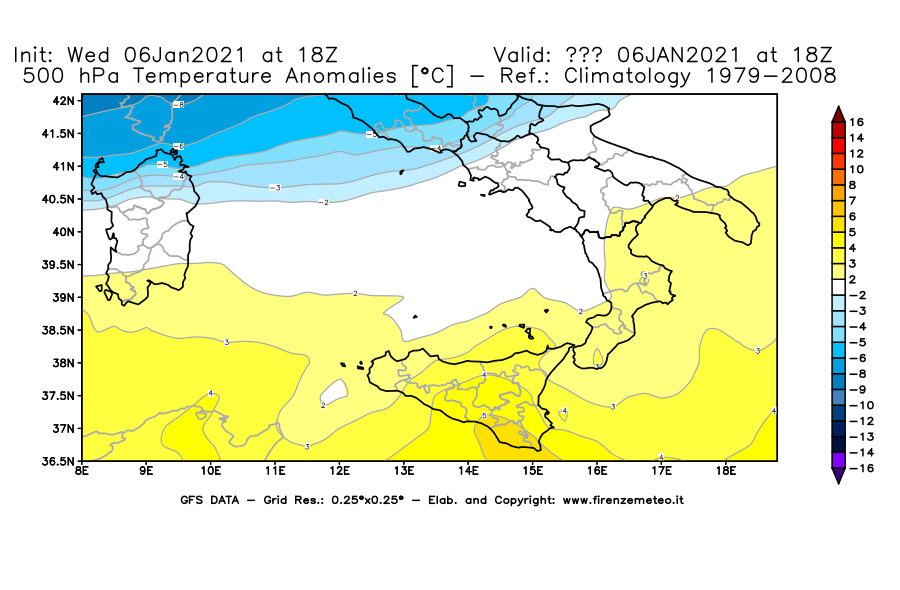 Mappa di analisi GFS - Anomalia Temperatura [°C] a 500 hPa in Sud-Italia
									del 06/01/2021 18 <!--googleoff: index-->UTC<!--googleon: index-->