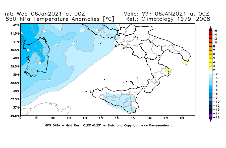 Mappa di analisi GFS - Anomalia Temperatura [°C] a 850 hPa in Sud-Italia
									del 06/01/2021 00 <!--googleoff: index-->UTC<!--googleon: index-->