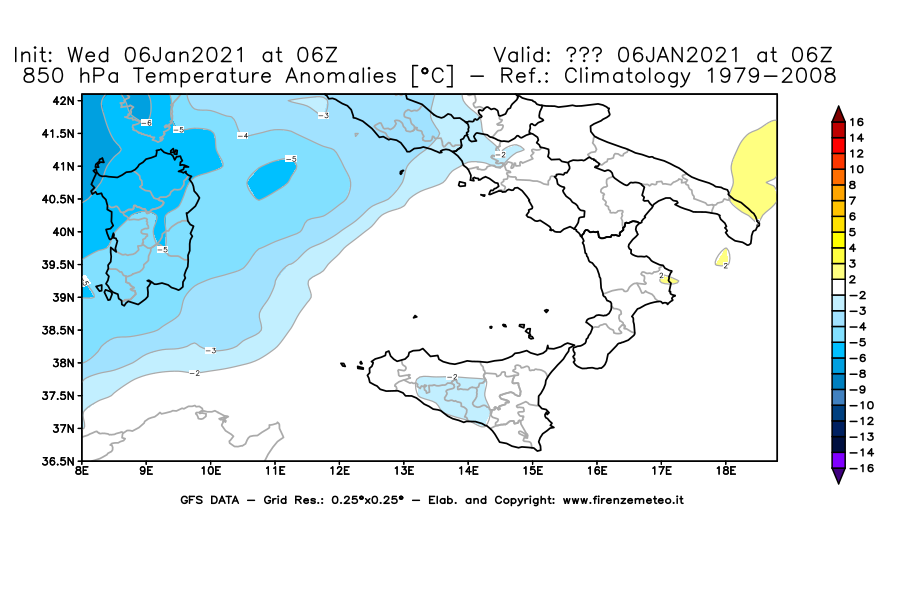 Mappa di analisi GFS - Anomalia Temperatura [°C] a 850 hPa in Sud-Italia
							del 06/01/2021 06 <!--googleoff: index-->UTC<!--googleon: index-->