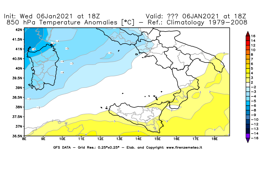 Mappa di analisi GFS - Anomalia Temperatura [°C] a 850 hPa in Sud-Italia
									del 06/01/2021 18 <!--googleoff: index-->UTC<!--googleon: index-->