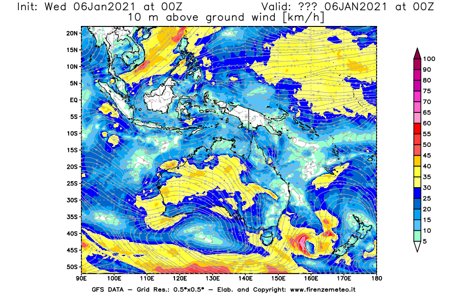 Mappa di analisi GFS - Velocità del vento a 10 metri dal suolo [km/h] in Oceania
									del 06/01/2021 00 <!--googleoff: index-->UTC<!--googleon: index-->