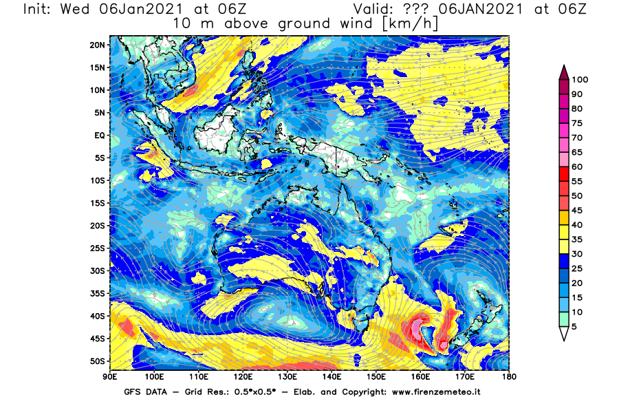 Mappa di analisi GFS - Velocità del vento a 10 metri dal suolo [km/h] in Oceania
									del 06/01/2021 06 <!--googleoff: index-->UTC<!--googleon: index-->