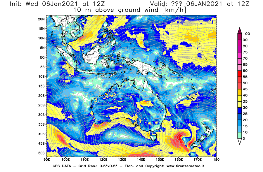 Mappa di analisi GFS - Velocità del vento a 10 metri dal suolo [km/h] in Oceania
									del 06/01/2021 12 <!--googleoff: index-->UTC<!--googleon: index-->