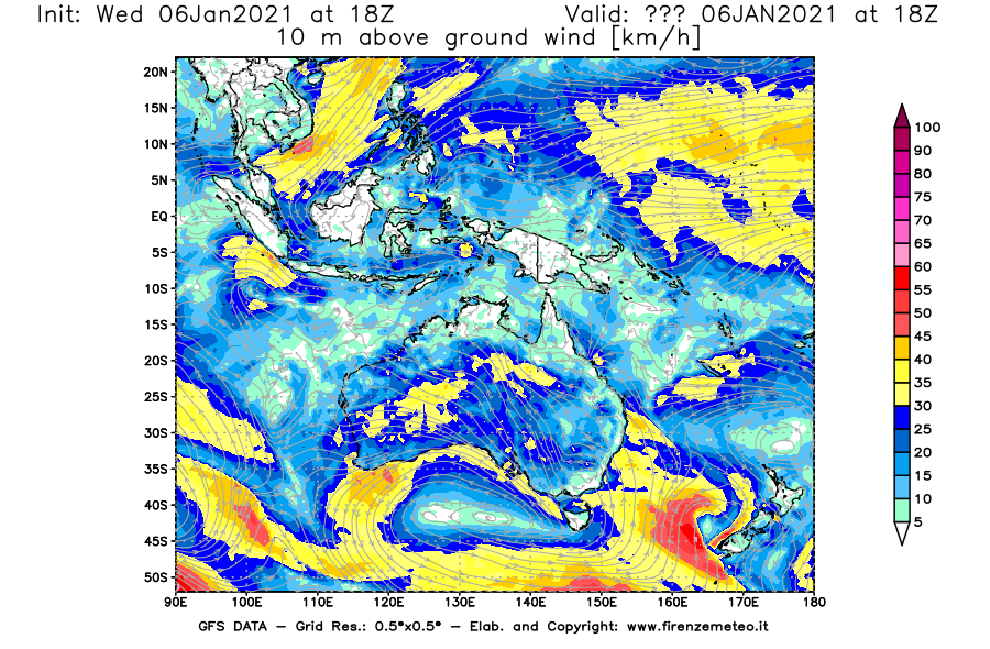 Mappa di analisi GFS - Velocità del vento a 10 metri dal suolo [km/h] in Oceania
									del 06/01/2021 18 <!--googleoff: index-->UTC<!--googleon: index-->