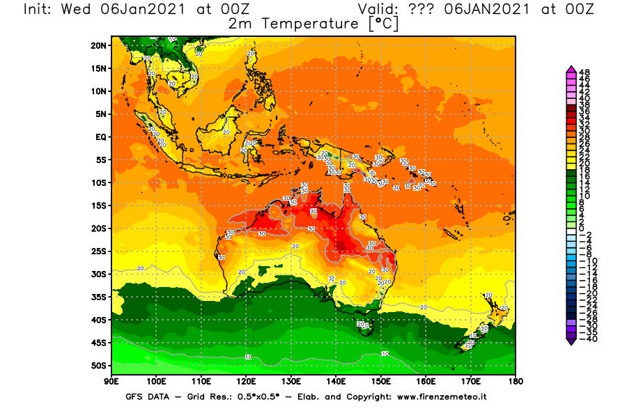 Mappa di analisi GFS - Temperatura a 2 metri dal suolo [°C] in Oceania
									del 06/01/2021 00 <!--googleoff: index-->UTC<!--googleon: index-->