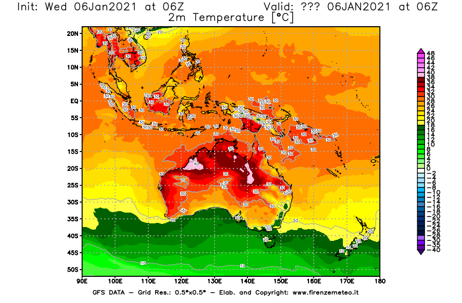 Mappa di analisi GFS - Temperatura a 2 metri dal suolo [°C] in Oceania
							del 06/01/2021 06 <!--googleoff: index-->UTC<!--googleon: index-->