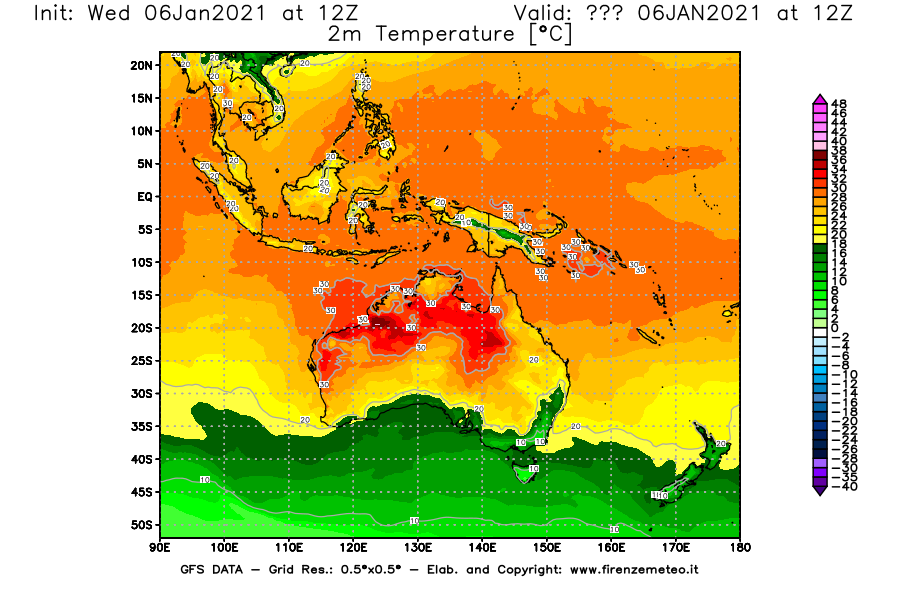 Mappa di analisi GFS - Temperatura a 2 metri dal suolo [°C] in Oceania
							del 06/01/2021 12 <!--googleoff: index-->UTC<!--googleon: index-->