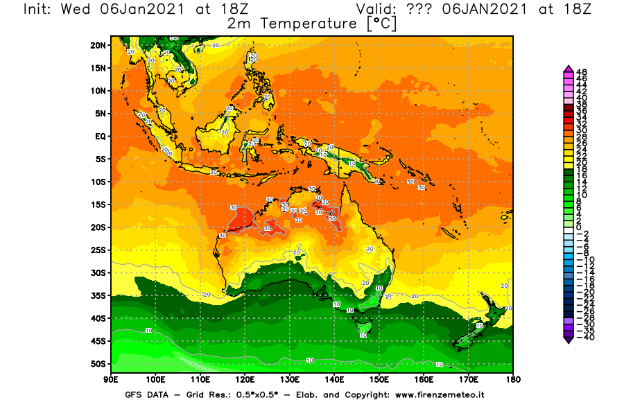 Mappa di analisi GFS - Temperatura a 2 metri dal suolo [°C] in Oceania
							del 06/01/2021 18 <!--googleoff: index-->UTC<!--googleon: index-->