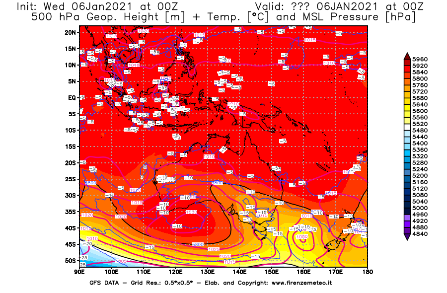 Mappa di analisi GFS - Geopotenziale [m] + Temp. [°C] a 500 hPa + Press. a livello del mare [hPa] in Oceania
									del 06/01/2021 00 <!--googleoff: index-->UTC<!--googleon: index-->