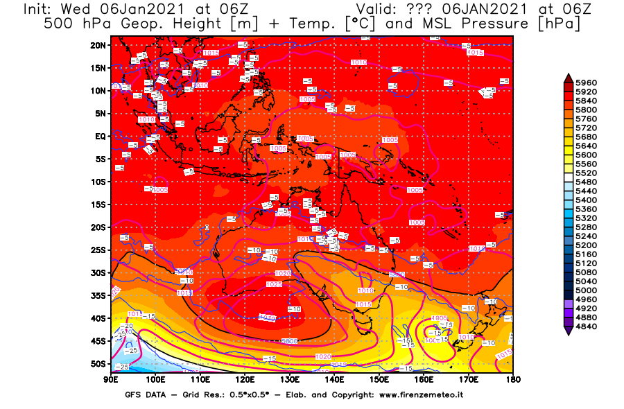 Mappa di analisi GFS - Geopotenziale [m] + Temp. [°C] a 500 hPa + Press. a livello del mare [hPa] in Oceania
									del 06/01/2021 06 <!--googleoff: index-->UTC<!--googleon: index-->