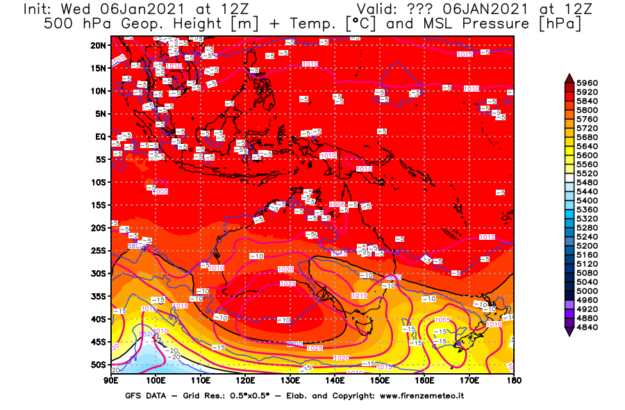 Mappa di analisi GFS - Geopotenziale [m] + Temp. [°C] a 500 hPa + Press. a livello del mare [hPa] in Oceania
							del 06/01/2021 12 <!--googleoff: index-->UTC<!--googleon: index-->