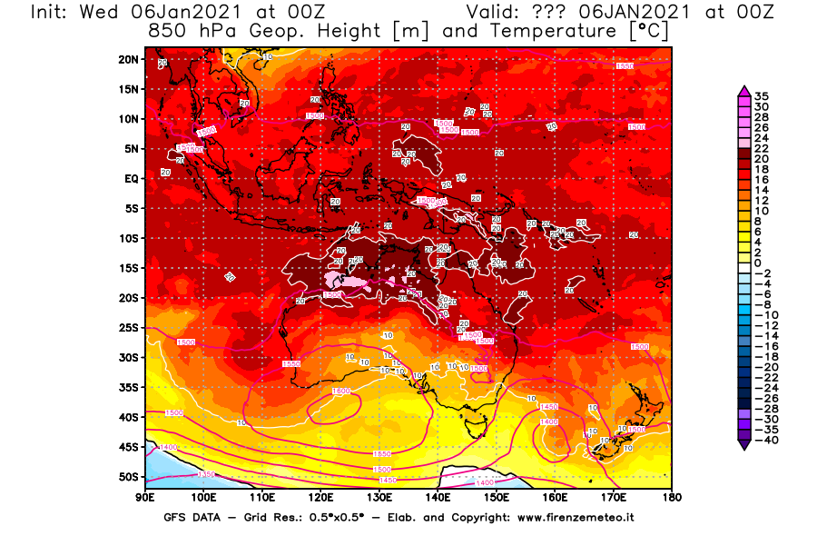 Mappa di analisi GFS - Geopotenziale [m] e Temperatura [°C] a 850 hPa in Oceania
							del 06/01/2021 00 <!--googleoff: index-->UTC<!--googleon: index-->