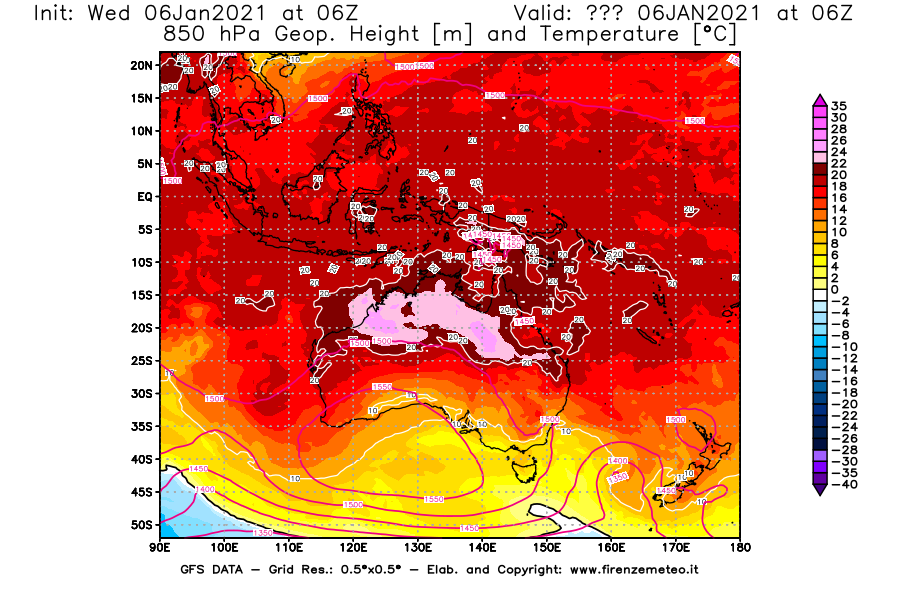 Mappa di analisi GFS - Geopotenziale [m] e Temperatura [°C] a 850 hPa in Oceania
							del 06/01/2021 06 <!--googleoff: index-->UTC<!--googleon: index-->