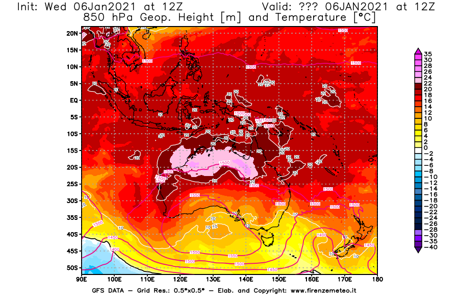 Mappa di analisi GFS - Geopotenziale [m] e Temperatura [°C] a 850 hPa in Oceania
									del 06/01/2021 12 <!--googleoff: index-->UTC<!--googleon: index-->