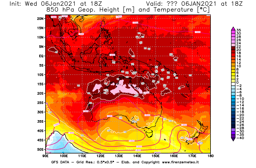 Mappa di analisi GFS - Geopotenziale [m] e Temperatura [°C] a 850 hPa in Oceania
							del 06/01/2021 18 <!--googleoff: index-->UTC<!--googleon: index-->