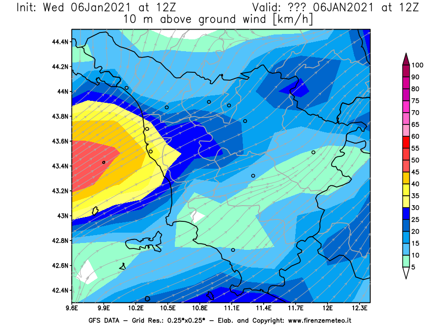 Mappa di analisi GFS - Velocità del vento a 10 metri dal suolo [km/h] in Toscana
							del 06/01/2021 12 <!--googleoff: index-->UTC<!--googleon: index-->