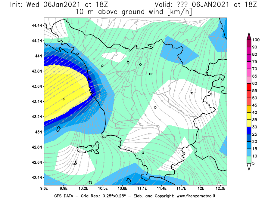 Mappa di analisi GFS - Velocità del vento a 10 metri dal suolo [km/h] in Toscana
							del 06/01/2021 18 <!--googleoff: index-->UTC<!--googleon: index-->