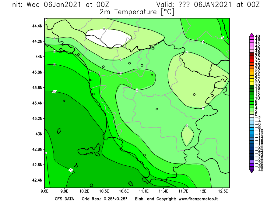 Mappa di analisi GFS - Temperatura a 2 metri dal suolo [°C] in Toscana
									del 06/01/2021 00 <!--googleoff: index-->UTC<!--googleon: index-->