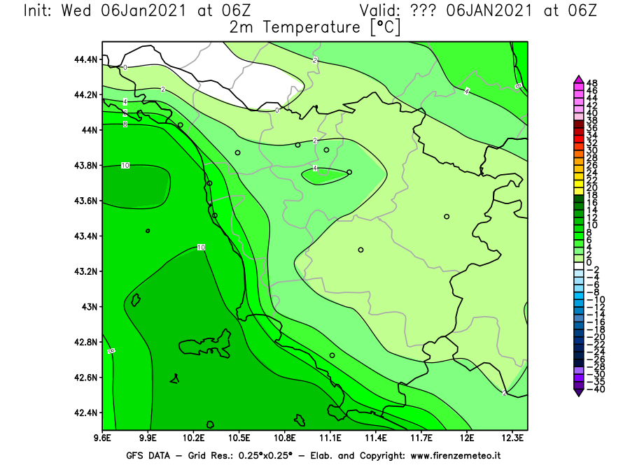 Mappa di analisi GFS - Temperatura a 2 metri dal suolo [°C] in Toscana
							del 06/01/2021 06 <!--googleoff: index-->UTC<!--googleon: index-->
