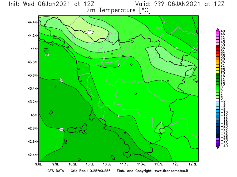 Mappa di analisi GFS - Temperatura a 2 metri dal suolo [°C] in Toscana
							del 06/01/2021 12 <!--googleoff: index-->UTC<!--googleon: index-->